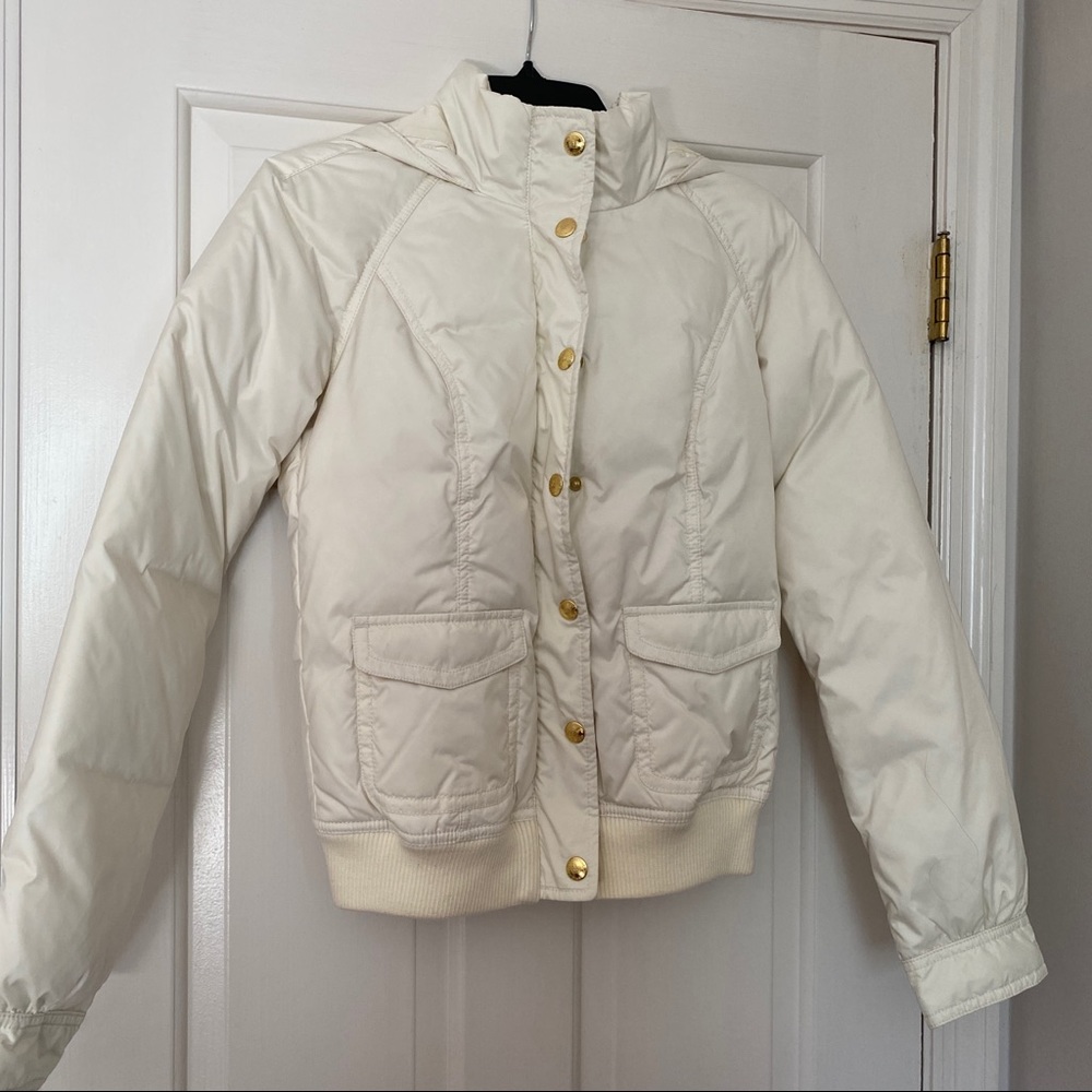 Juicy Couture White Cream Dial Hooded Bomber Coat with Gold Snap Buttons Size S
